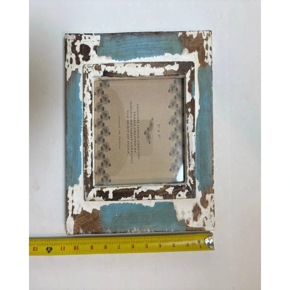 Rustic Distressed Wood 5x7 Photo Frame Turquoise White Weathered Farmhouse India